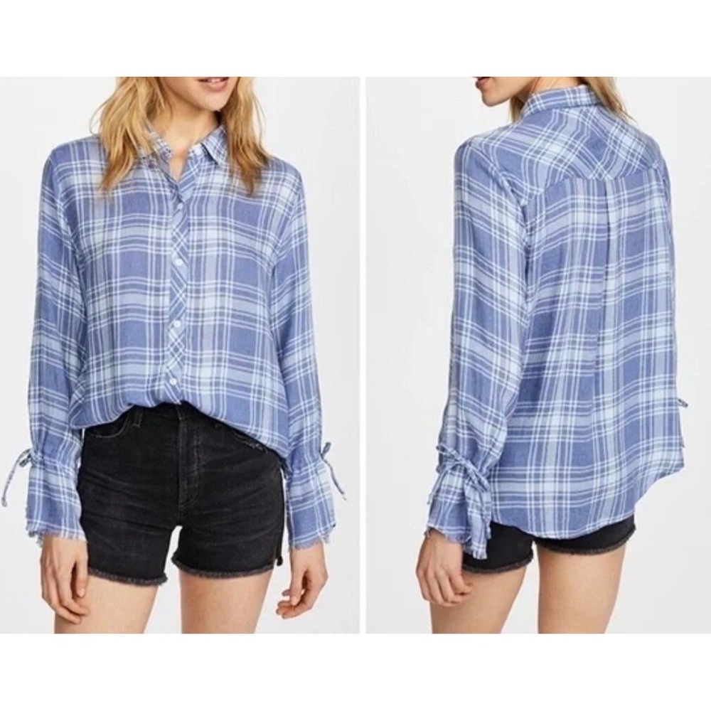 Rails Astrid Cali Blues Plaid Button Down Shirt Linen Tencel Tie Cuff XS Boho